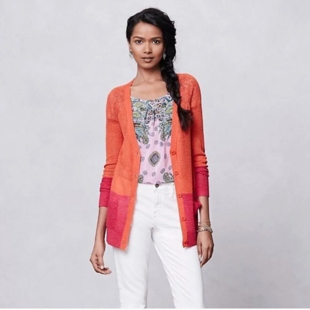 Anthropologie Moth Colorblock Pointelle Cardigan in Orange & Pink Size XS *READ* - Picture 14 of 14